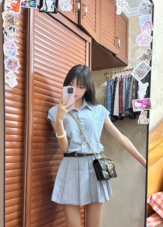 Pretty A Line Strip Pleated Casual Date Dress Women Summer Skirt with Belt D1943