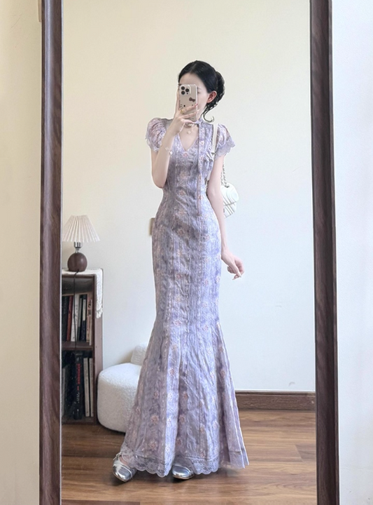 Elegant V-line Lace Hem Mermaid Long Dress Seaside Date Dress Women Summer Skirt D1944