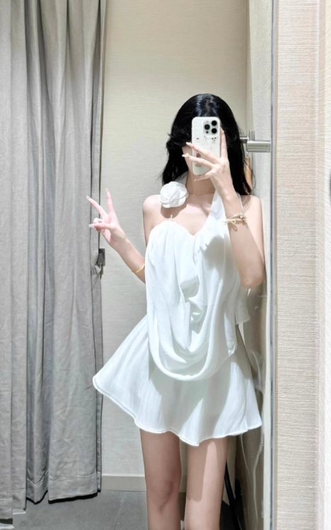 Elegant White Halter Pleated Ruffle Dress Seaside Date Dress Women Summer Short Skirt D1945