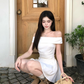 Elegant A Line Off the Shoulder Strip Pleated Irregular Dress Seaside Date Dress Women Summer Two Piece Set Short Skirt D1946