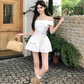 Elegant A Line Off the Shoulder Strip Pleated Irregular Dress Seaside Date Dress Women Summer Two Piece Set Short Skirt D1946