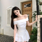 Elegant A Line Off the Shoulder Strip Pleated Irregular Dress Seaside Date Dress Women Summer Two Piece Set Short Skirt D1946
