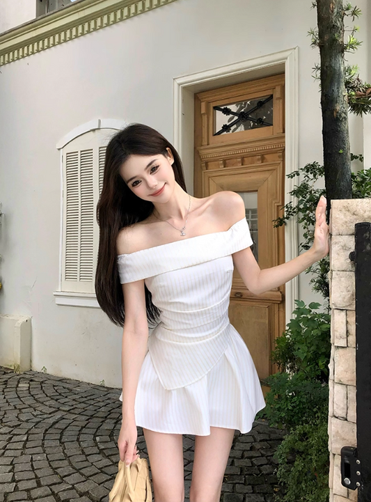 Elegant A Line Off the Shoulder Strip Pleated Irregular Dress Seaside Date Dress Women Summer Two Piece Set Short Skirt D1946