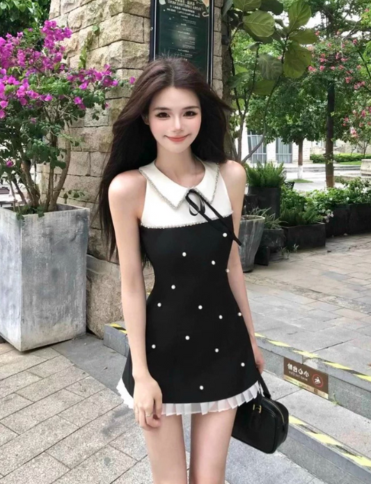 Beauty A Line Lace up Pearl Splicing Pleated Hem Vacation Seaside Date Dress Women Summer Short Skirt D1947