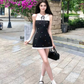 Beauty A Line Lace up Pearl Splicing Pleated Hem Vacation Seaside Date Dress Women Summer Short Skirt D1947