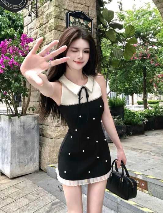 Beauty A Line Lace up Pearl Splicing Pleated Hem Vacation Seaside Date Dress Women Summer Short Skirt D1947