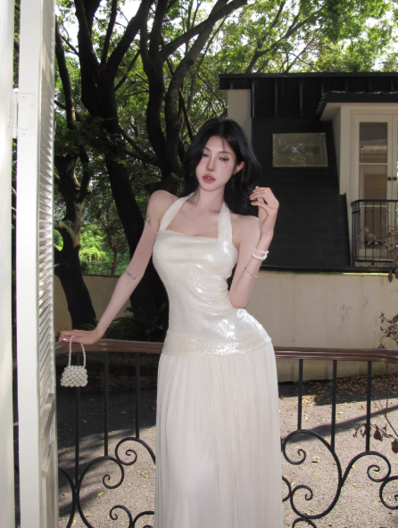 Sexy Shiny Halter Pleated Long Skirt Women Summer Vacation Date Dress D1949
