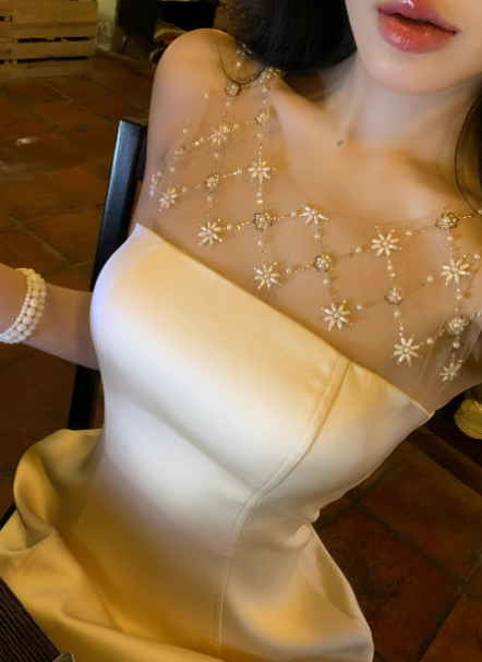 Elegant A Line Crew Neck Beading Tulle Short Party Skirt Women Summer Vacation Seaside Date Dress D1952
