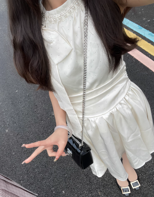 Shiny Pearl Rhinestone Bowknot Pleated Short Party Dress Women Summer Sweet Princess Dress D1957
