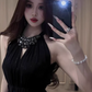 Shiny A Line Halter Crystal Black Pleated Casual Short Party Dress Women Summer Date Dress D1958