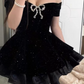 Sexy Black Off the Shoulder Crystal Bowknot Blingbling Pleated Tiered Casual Short Party Dress Women Summer Date Dress D1959