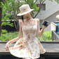Elegant Spaghetti Straps A Line Printing Pleated Casual Short Vacation Dress Women Summer Date Dress D1961