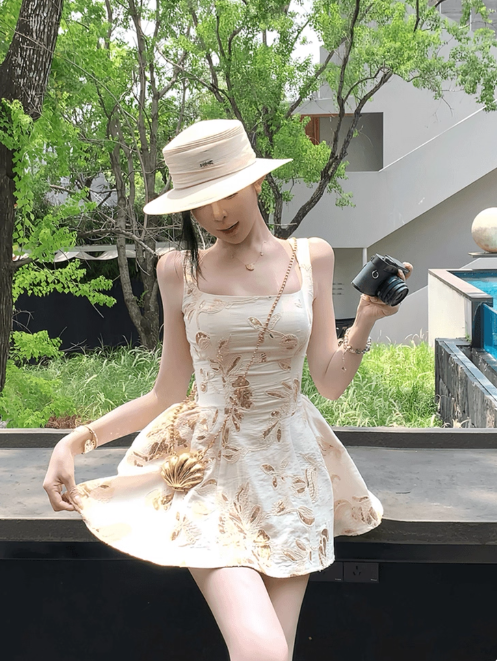 Elegant Spaghetti Straps A Line Printing Pleated Casual Short Vacation Dress Women Summer Date Dress D1961