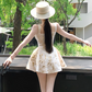 Elegant Spaghetti Straps A Line Printing Pleated Casual Short Vacation Dress Women Summer Date Dress D1961