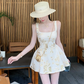 Elegant Spaghetti Straps A Line Printing Pleated Casual Short Vacation Dress Women Summer Date Dress D1961