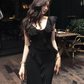 Sexy V-neck Black Sheath Ruffle Casual Long Dress Women Summer Date Dress D1962