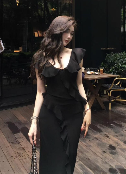 Sexy V-neck Black Sheath Ruffle Casual Long Dress Women Summer Date Dress D1962
