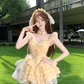 Sweet Square Neck Pleated Lace Ruffle Teired Bowknot Short Summer Dress Women Vacation Party Dress D1965