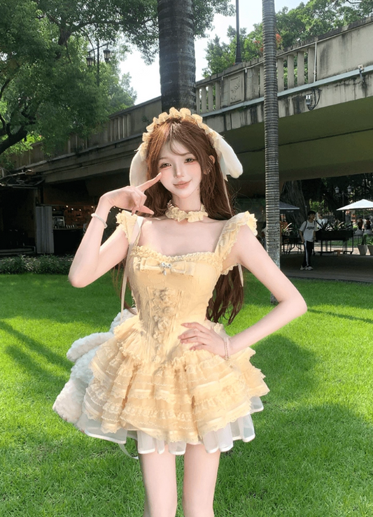 Sweet Square Neck Pleated Lace Ruffle Teired Bowknot Short Summer Dress Women Vacation Party Dress D1965