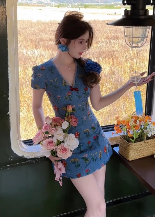 Casual V-neck Priting Flower Short Summer Dress Women Vacation Seaside Dress D1966