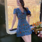 Casual V-neck Priting Flower Short Summer Dress Women Vacation Seaside Dress D1966