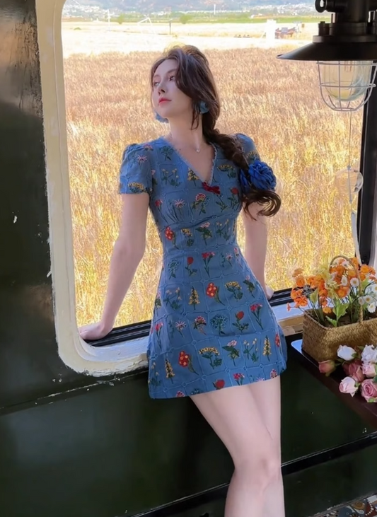 Casual V-neck Priting Flower Short Summer Dress Women Vacation Seaside Dress D1966