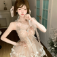 Sweet Halter Floral Pleated Lace up Tulle Short Summer Party Dress Women Vacation Date Dress D1968