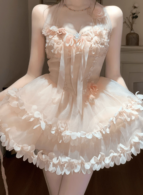 Sweet Halter Floral Pleated Lace up Tulle Short Summer Party Dress Women Vacation Date Dress D1968