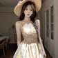 Cute Spaghetti Straps Printing Floral Pleated Lace Tiered Tulle Short Summer Party Dress Women Seaside Date Dress D1969