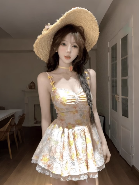 Cute Spaghetti Straps Printing Floral Pleated Lace Tiered Tulle Short Summer Party Dress Women Seaside Date Dress D1969