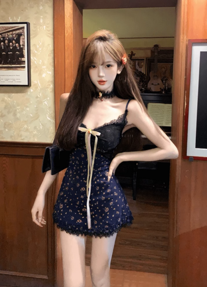 Sexy Spaghetti Straps Lace Floral Short Skirt Women Summer Party Dress D1970