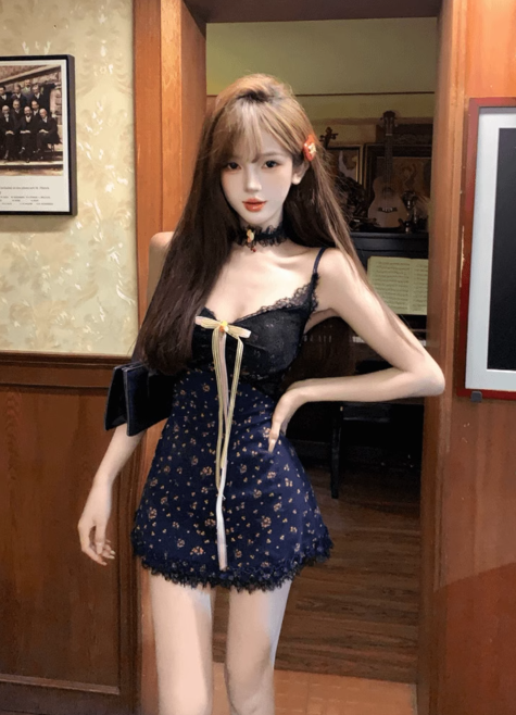 Sexy Spaghetti Straps Lace Floral Short Skirt Women Summer Party Dress D1970