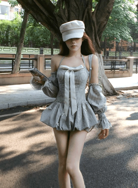 Sweet Halter Strip Bowknot Short Summer Skirt Women Date Dress D1972