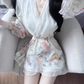 Elegant V-neck Print Ruffle Puff Sleeve Short Summer Skirt Women Date Party Dress D1973