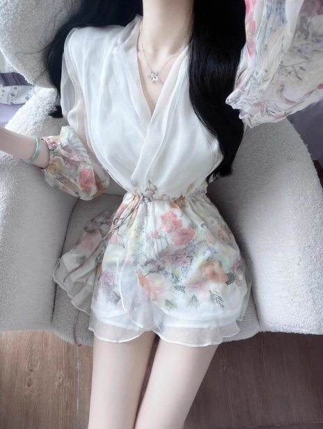 Elegant V-neck Print Ruffle Puff Sleeve Short Summer Skirt Women Date Party Dress D1973