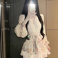 Elegant V-neck Print Ruffle Puff Sleeve Short Summer Skirt Women Date Party Dress D1973