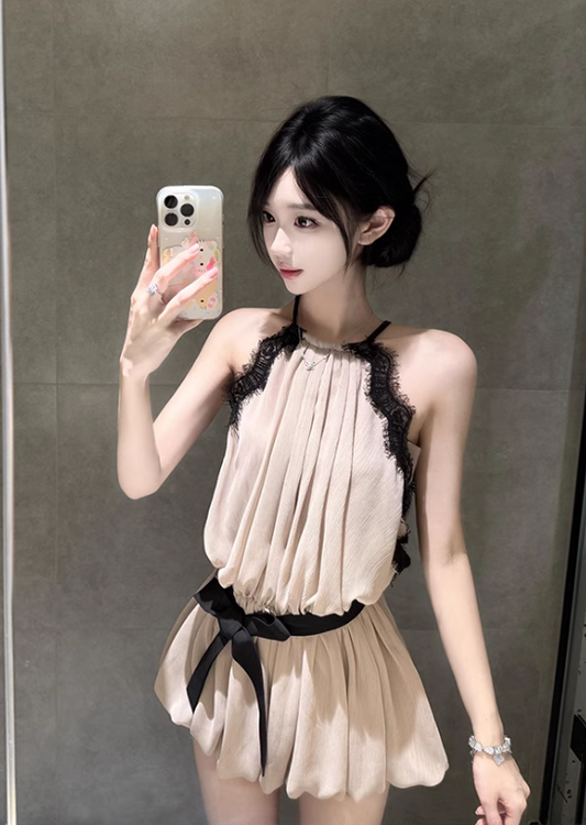 Elegant A Line Halter Pleated Short Summer Party Skirt Women Date Lace Dress D1976