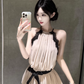 Elegant A Line Halter Pleated Short Summer Party Skirt Women Date Lace Dress D1976