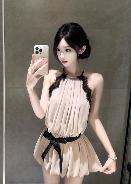 Elegant A Line Halter Pleated Short Summer Party Skirt Women Date Lace Dress D1976