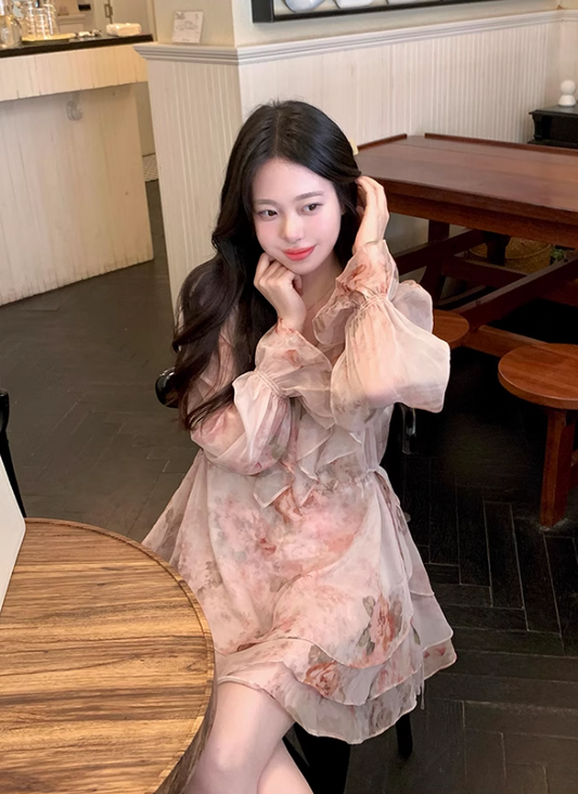 Vacation A Line Pleated Ruffle Floral Dress Short Summer Party Skirt Women Date Dress D1977