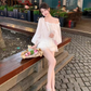 Sweet Off the Shoulder Pleated Short Summer Vacation Skirt Women Date Dress D1978