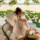Sweet Off the Shoulder Pleated Short Summer Vacation Skirt Women Date Dress D1978