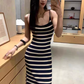 Casual Spaghetti Straps Strip Maxi Dress Summer Vacation Skirt Women Date Dress D1979