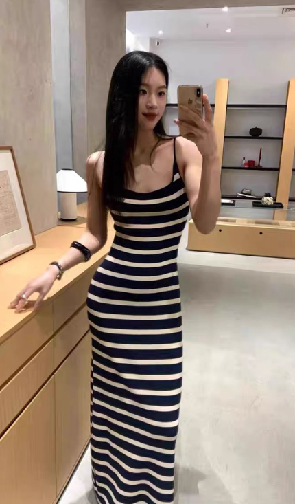 Casual Spaghetti Straps Strip Maxi Dress Summer Vacation Skirt Women Date Dress D1979