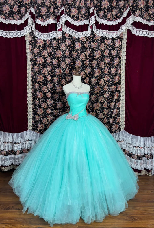 Sweet Strapless Bowknot Rhinestone Tulle Ball Gown Quinceanera Dress Party Prom Dress D1983