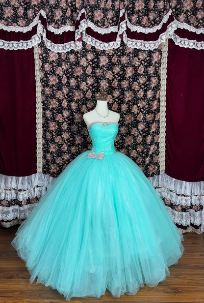 Sweet Strapless Bowknot Rhinestone Tulle Ball Gown Quinceanera Dress Party Prom Dress D1983