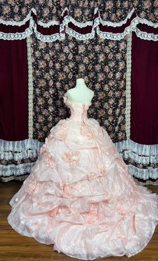 Gorgeous Strapless Flowers Tiered Tulle Ball Gown Quinceanera Dress Prom Dress Evening Dress D1984