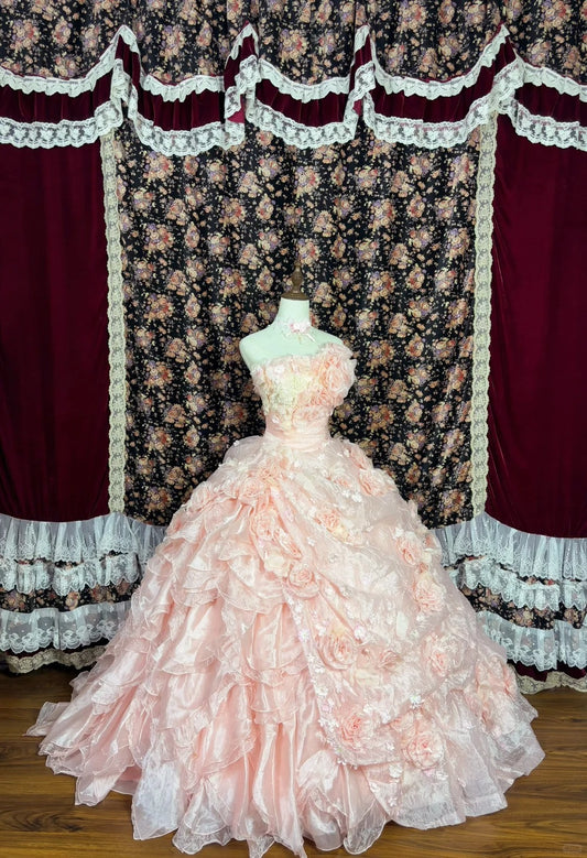 Gorgeous Strapless Flowers Tiered Tulle Ball Gown Quinceanera Dress Prom Dress Evening Dress D1984