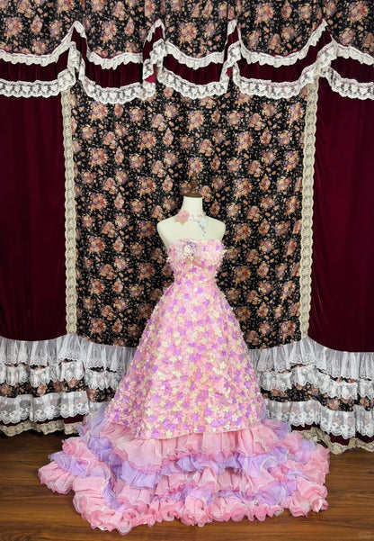Cute Strapless Floral Tiered Ruffle Birthday Party Dress Quinceanera Dress Prom Dress Evening Dress D1985