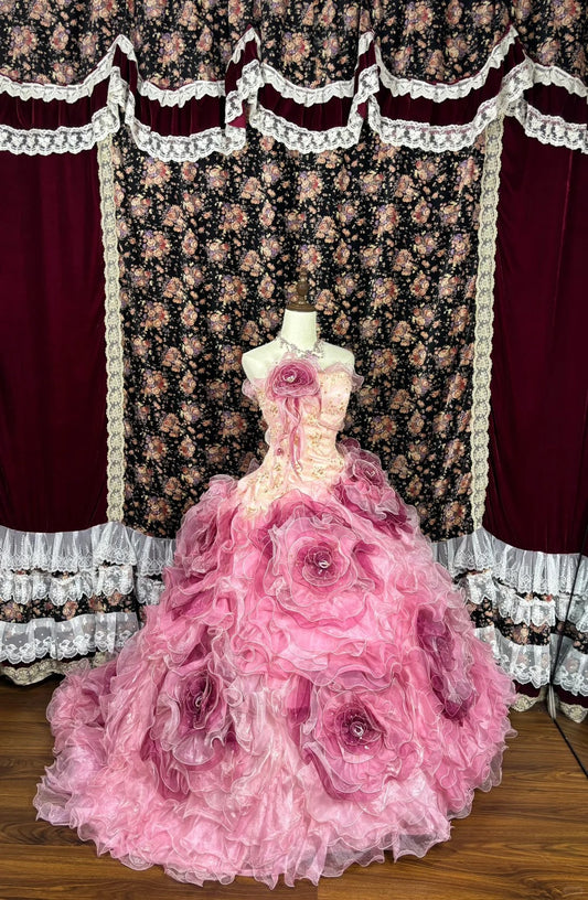 Pretty Strapless Flowers Crystal Pleated Tiered Ruffle Ball Gown Birthday Sweet 16 Dress Prom Dress Evening Dress D1988